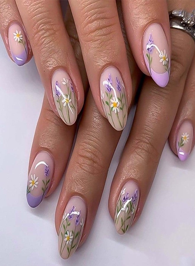 Foccna Press on Nails Acrylic Almond Medium Purple Fake Nails Flower Design Glossy False Nail Tips Artificial Nails Finger Manicure for Women and Girls 24pcs - Image 1